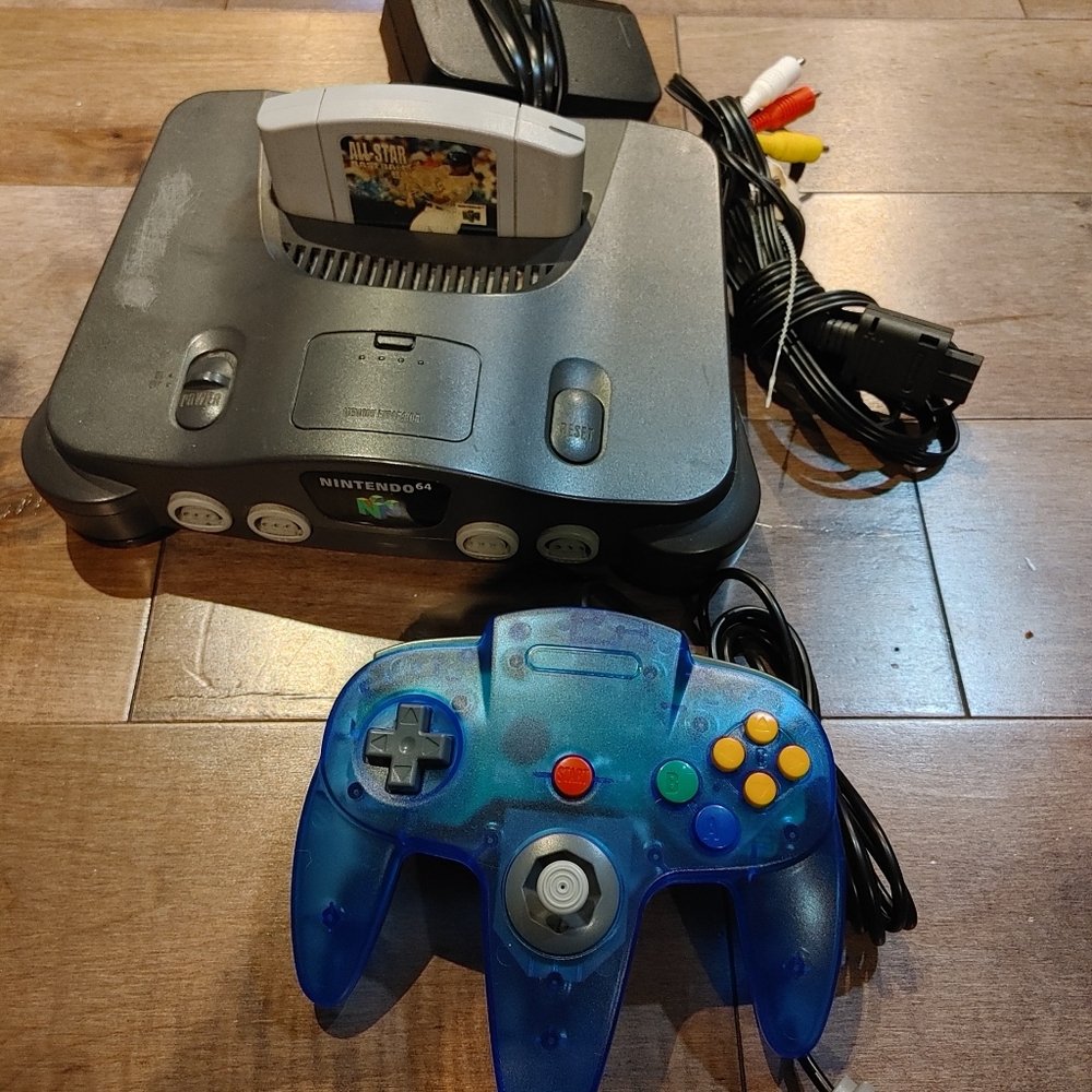 Nintendo N64 Console with Translucent Blue Controller and Multi-Color Buttons